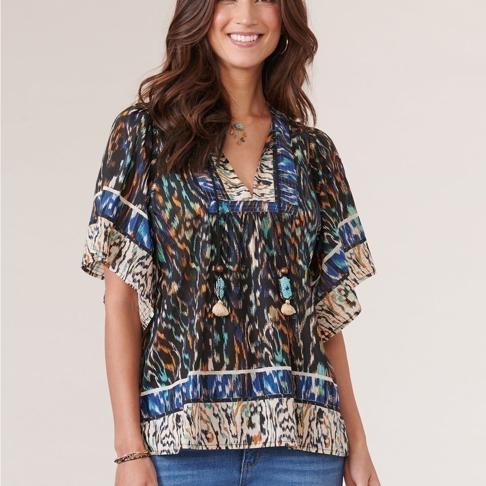 Democracy Short Bell Sleeve Split Neck Printed Petite Woven Top, Boho, 215